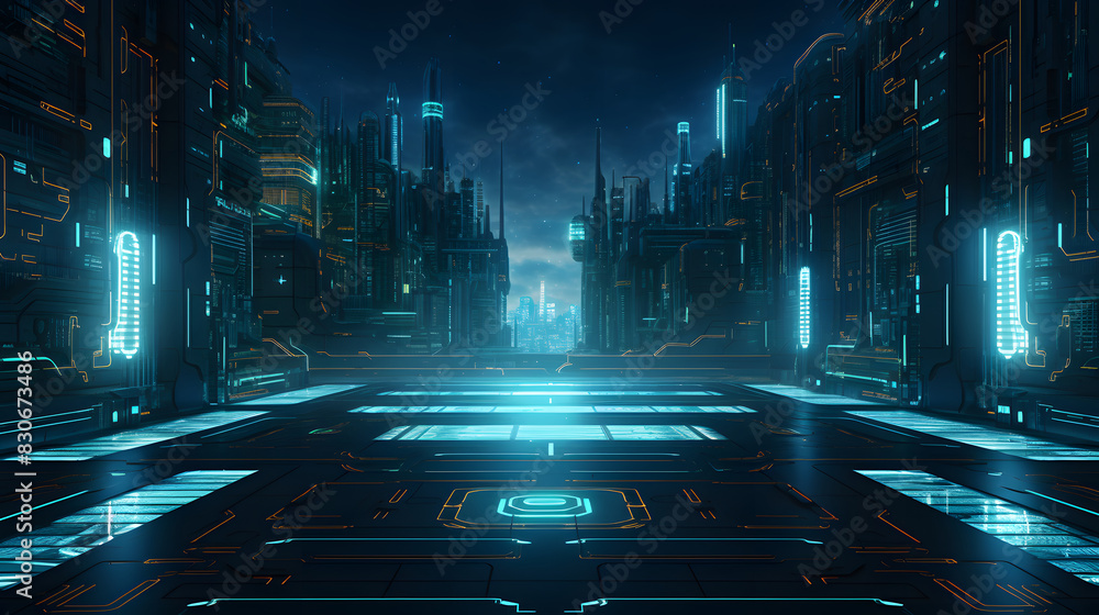 digital green and blue cyberpunk city graphics poster background Stock ...