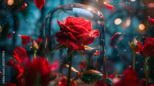 Fototapeta Naklejka Na Ścianę i Meble -  A macro image of an enchanted rose encased in a glass dome, with petals slowly falling.