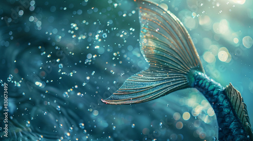 A detailed shot of a mermaidâs tail with shimmering scales, as it dips into sparkling water. photo