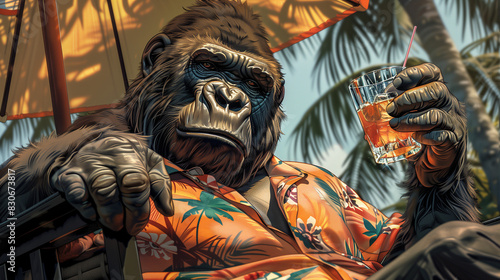 Vacation Gorilla - A drawing of a gorilla in a Hawaiian shirt, lying on a deck chair under a beach umbrella, holding a cocktail, with palm trees in the background