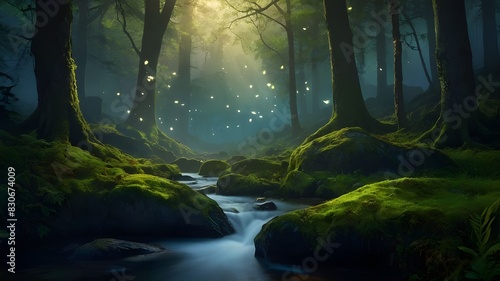 Step into a Magical Forest Glade Illuminated by Ethereal Light, Explore the Enchantment of a Forest Glade Bathed in Magical Illumination, Experience the Mystical Aura of a Forest Glade Aglow  photo