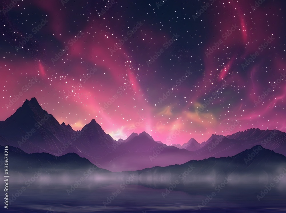 Beautiful Night Sky with Stars and Pink Purple Aurora