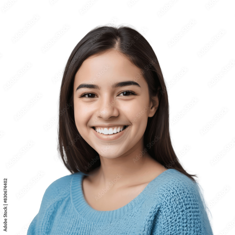 portrait of a smiling hispanic woman with long hair wearing blue t-shirt isolated on transparent background portrait of a smiling hispanic woman with long hair wearing blue t-shirt isolated on transparent background