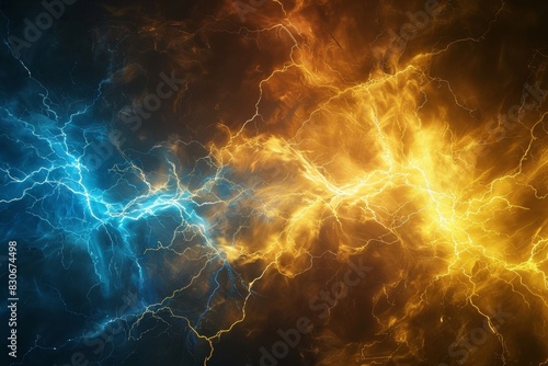 Abstract bolts of lightning in yellow and blue cross a warmly lit background, symbolizing the power and beauty of electrical energy in motion, ai generated © Seussi