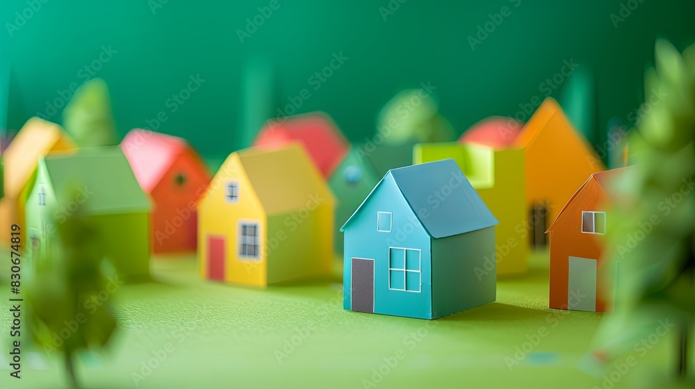 Colorful Paper Houses on Green Background Colorful Paper Houses on Green Background