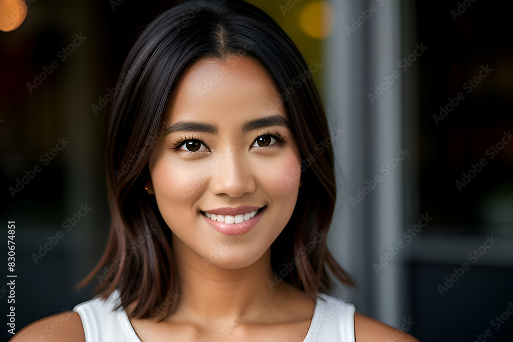 portrait of young smiling woman looks in camera