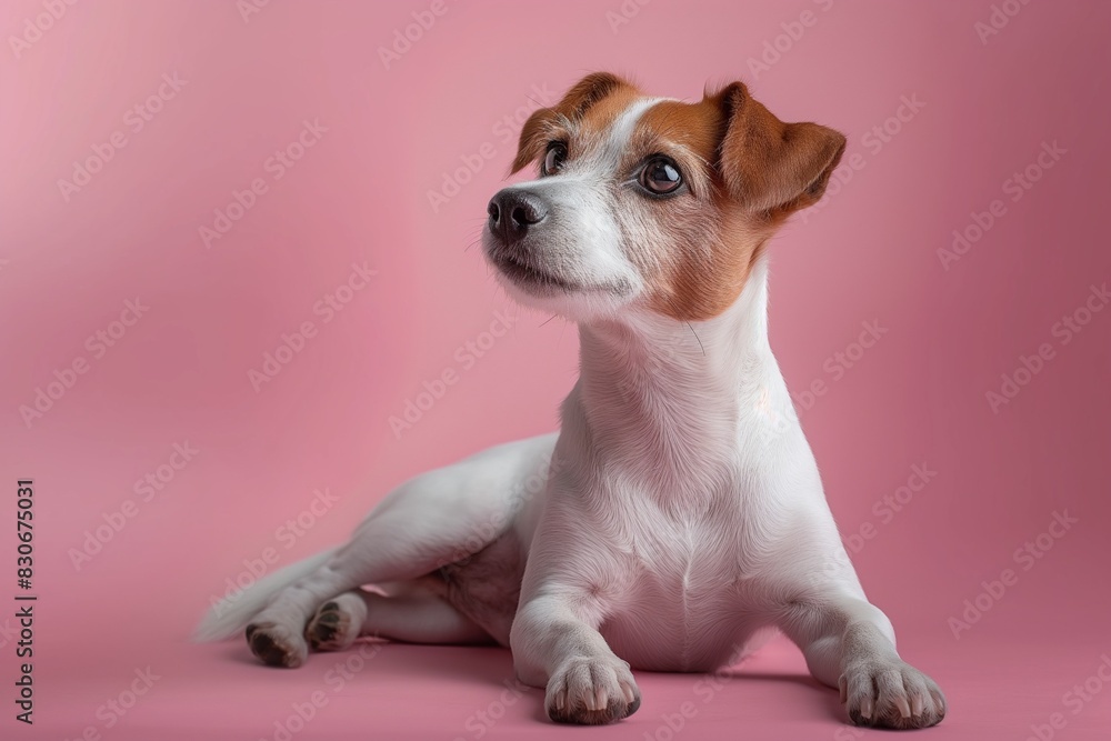 Full body studio portrait of a beautiful Jack Russell terrier dog. The dog is lying down and looking up over a background of pastel shades, radiating charm and playfulness. Full body studio portrait of a beautiful Jack Russell terrier dog. The dog is lying down and looking up over a background of pastel shades, radiating charm and playfulness.