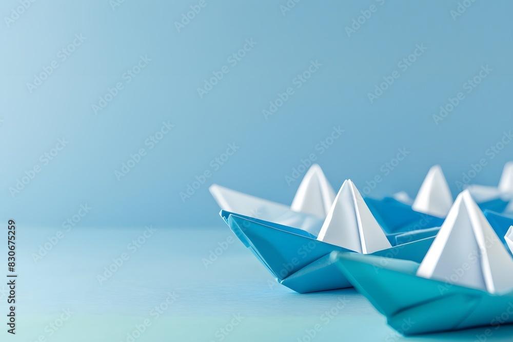 Obraz premium Blue Paper Boat Leading White Boats on Clean Background