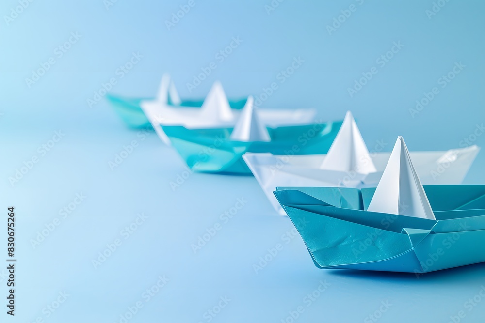 Blue Paper Boat Leading White Boats on Clean Background Blue Paper Boat Leading White Boats on Clean Background