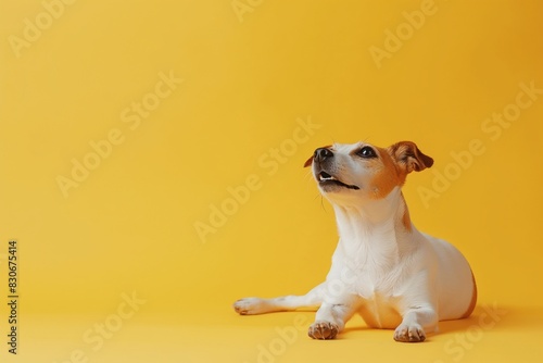 Full body studio portrait of a beautiful Jack Russell terrier dog. The dog is lying down and looking up over a background of pastel shades, radiating charm and playfulness. © Mark G