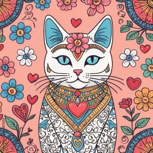 Illustration  of a cat with flowers, Asian style cat. © Neeranat