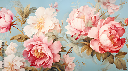 Digital retro peonies and buds textured graphics background