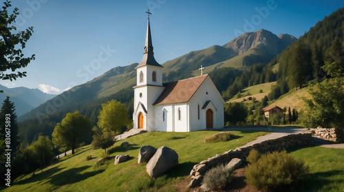 Beautiful White Church with Steeple in Green Valley Surrounded by Mountains in the Alps