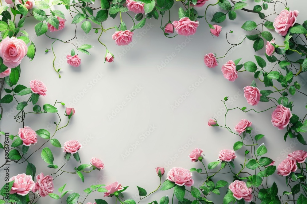 frame made of a Pink rose, green leaves, and branches with copy space in the center. mockup, and a Love concept. Valentine's Day. Mother's Day. Celebration card design.