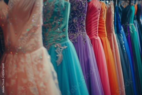 Dress shop with various dresses hanging on hangers, including light pink and orange. Ball gown Chiffon glitter outfits. Bridesmaid dresses. © MD Media