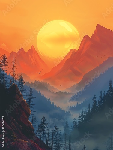 Serene mountain landscape with a glowing sunset and misty forests  evoking tranquility and natural beauty.