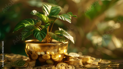 A golden money plant thriving in a pot of coins and banknotes