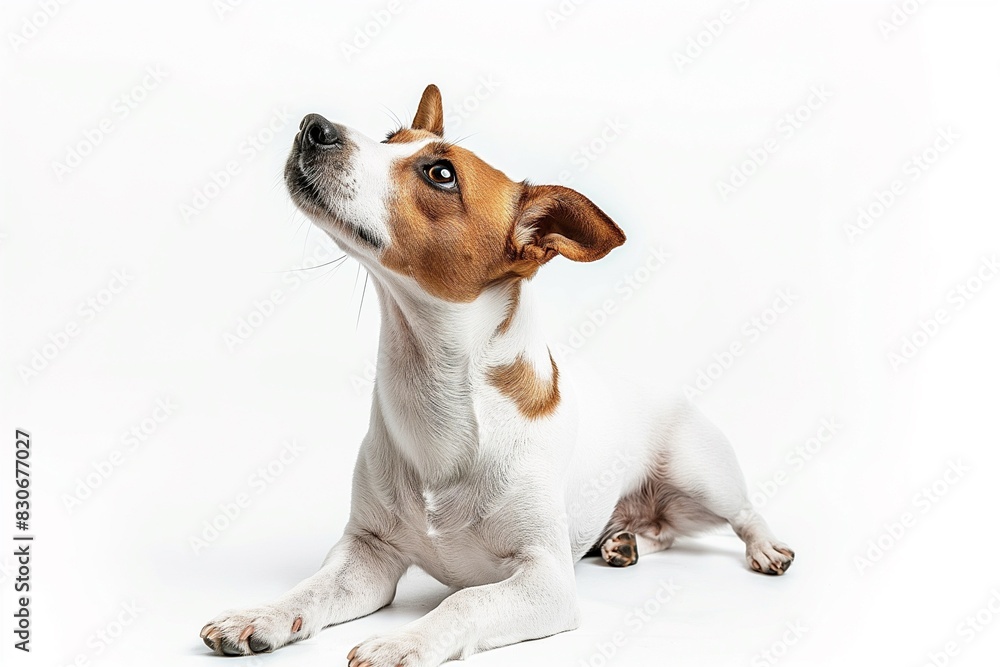 Full body studio portrait of a beautiful Jack Russell terrier dog. The dog is lying down and looking up over a background of pastel shades, radiating charm and playfulness. Full body studio portrait of a beautiful Jack Russell terrier dog. The dog is lying down and looking up over a background of pastel shades, radiating charm and playfulness.