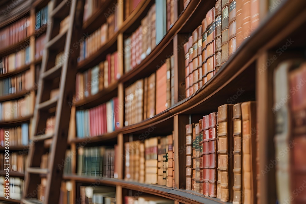 Curved Wall of Colorful Books in Library with Wooden Shelves Curved Wall of Colorful Books in Library with Wooden Shelves