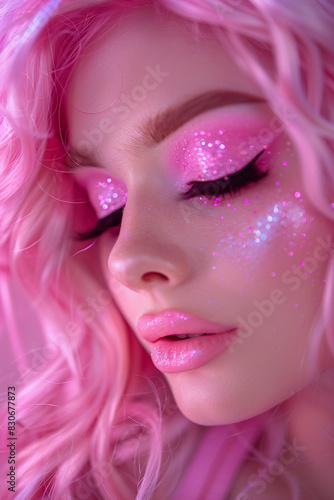 Close up of a pink haired girl with pink glitter eyeshadow and eyeliner and pink lipstick. Dreamy in the style of sparklecore. Fashion magazin poster  cover