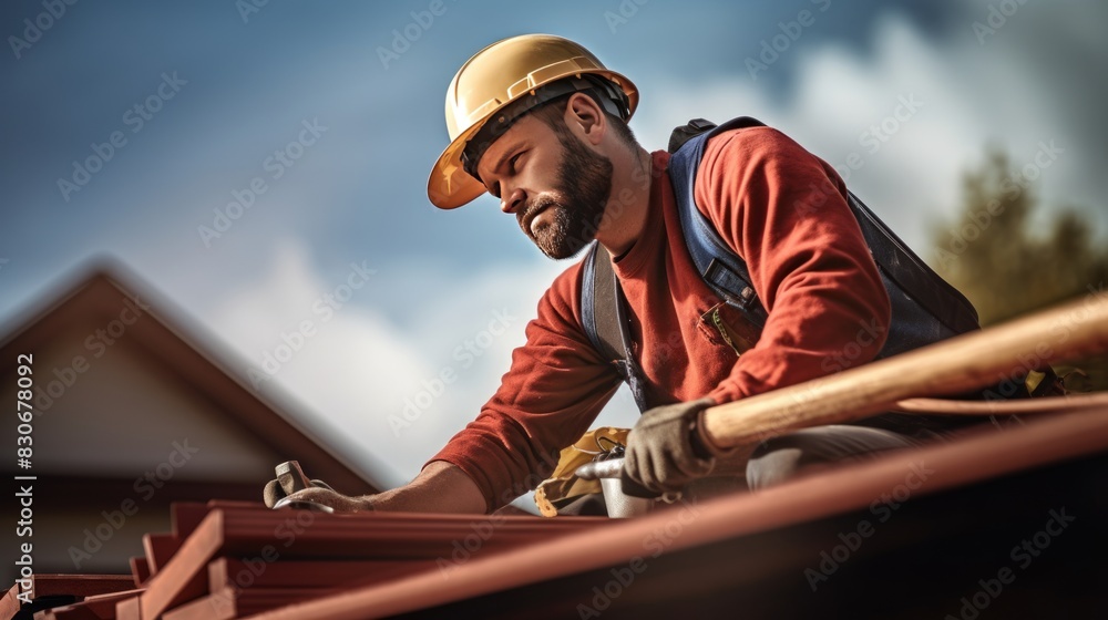 roofer craftsman is working on roof top of new house