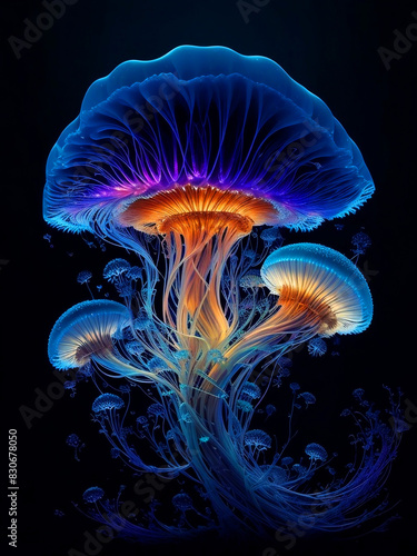 Fantasy Illustration of a Blue Lightening Jellyfish Shaped Mushroom in Black Background. Glowing Undervater Animal in Ocean Concept Design for Nature or Marine Banner, Poster, Card. Ai Generated. photo