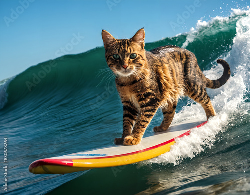 Cat riding a surfboard on an ocean wave. Surfboard is white with red and yellow accents. Cat has striped fur. Summer vibes, stylish cat. Whimsical and dynamic image.