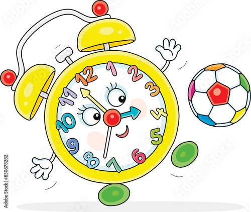 Funny alarm clock cartoon character merrily playing with a colorful ball on a playground in a park, vector illustration on a white background