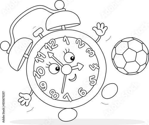 Funny alarm clock cartoon character merrily playing with a colorful ball on a playground in a park, black and white vector illustration for a coloring book