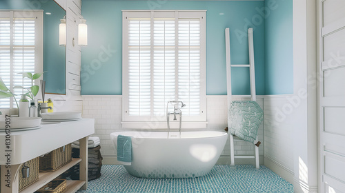 Blue and white bathroom  white tub side.