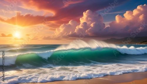 Powerful wave panorama background design illustration with light