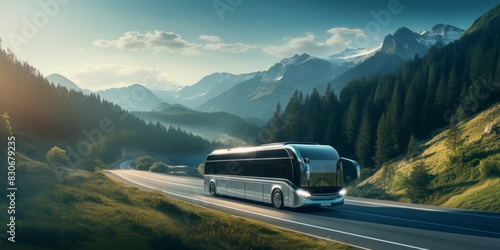 An intercity large and spacious bus travels along the highway. photo