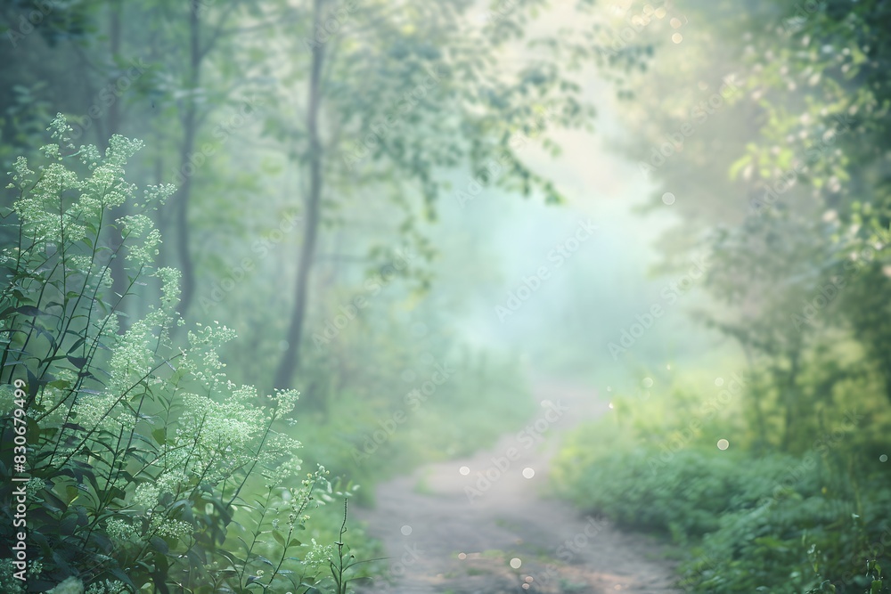 Fototapeta premium Misty Forest Path with Soft Light and Green Trees in Summer