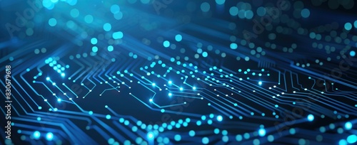 Abstract blue circuit board background with dots and lines.