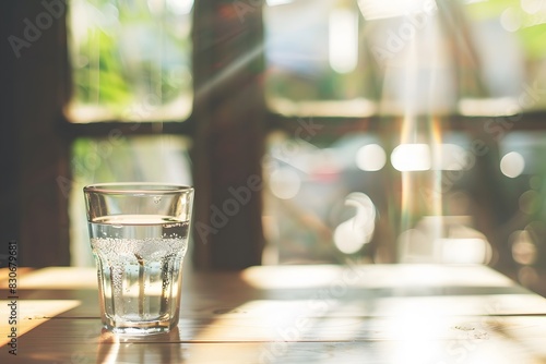 Glass of Water on Wooden Table with Sunlight and Shadows