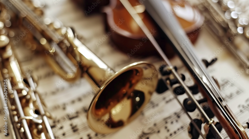 Obraz premium Various musical instruments lie on sheet music of a symphony