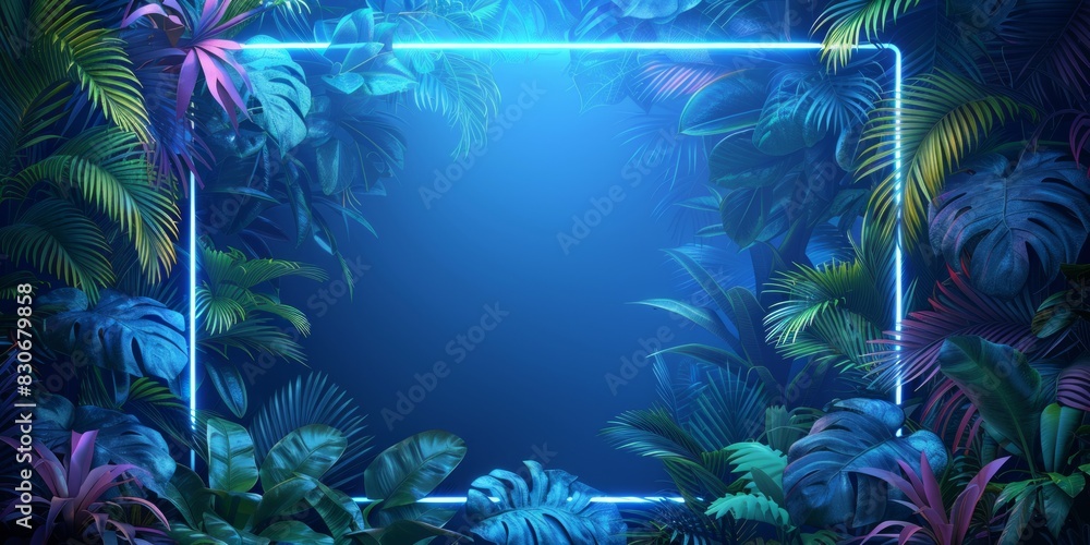 Trendy Background Design. Tropical Plants with Green and Blue, Rectangle shaped Neon Frame. Trendy Background Design. Tropical Plants with Green and Blue, Rectangle shaped Neon Frame.