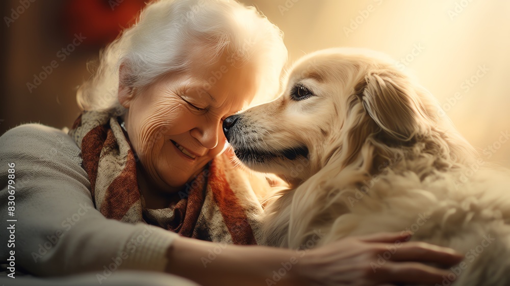 Elderly woman shares a tender moment with her Golden Retriever, capturing warmth and companionship in a cozy home setting. Elderly woman shares a tender moment with her Golden Retriever, capturing warmth and companionship in a cozy home setting.