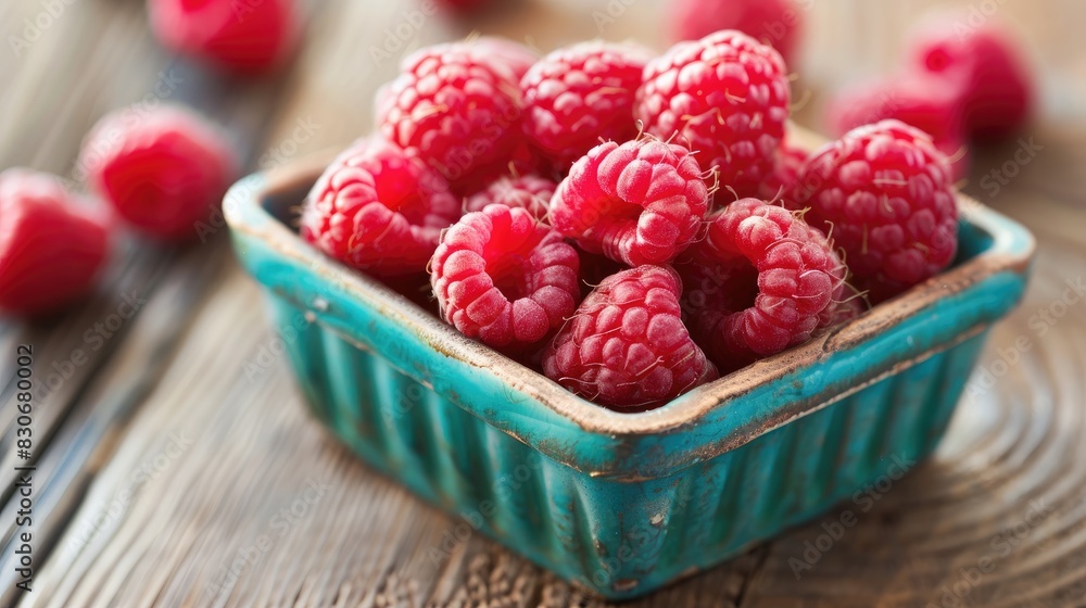 Ripe raspberries displayed in a petite container on a wooden surface Ripe raspberries displayed in a petite container on a wooden surface