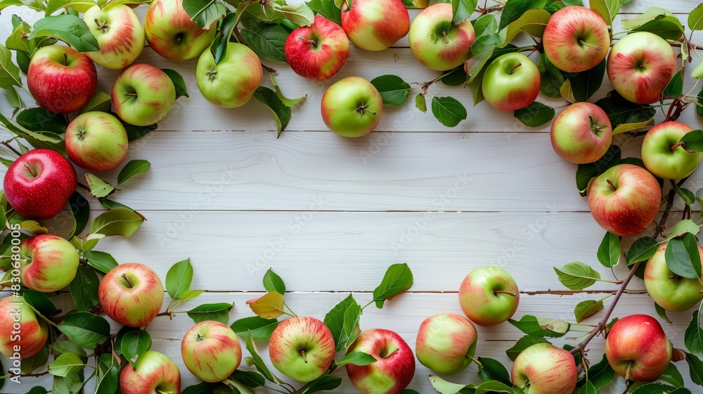 Many healthy and colorful apples lie on a textured light background Many healthy and colorful apples lie on a textured light background