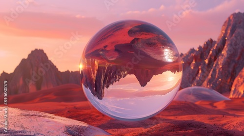 Glass Sphere with Mountains in Desert Landscape at Sunset