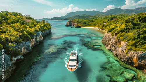 Wallpaper Mural A luxurious motorboat cruises through turquoise waters surrounded by lush green islands. Torontodigital.ca