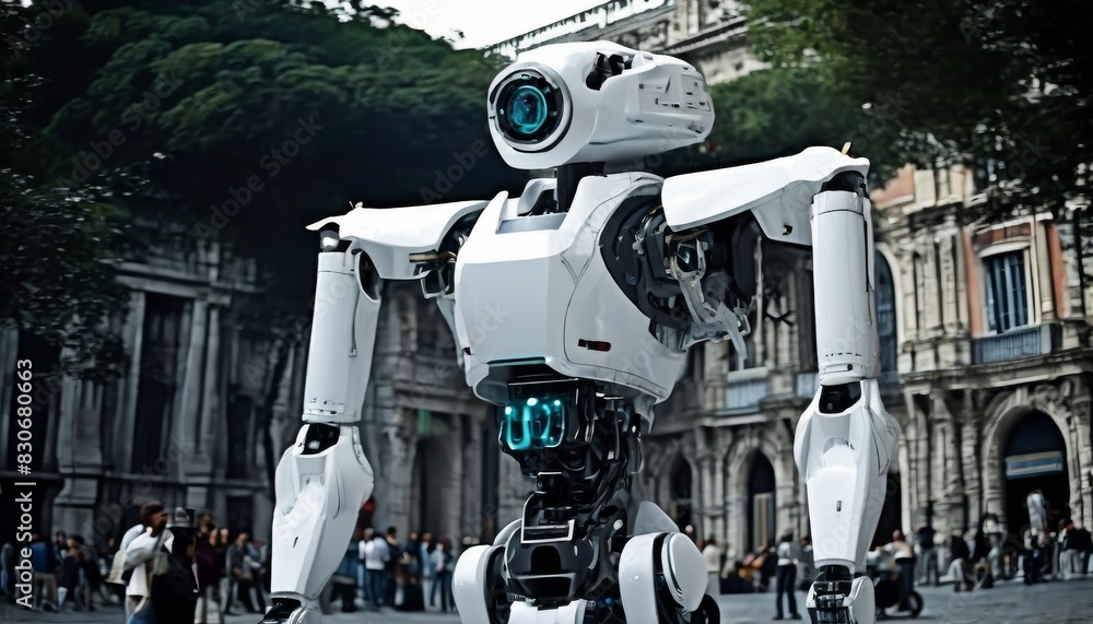 A cutting-edge white robot stands imposingly on a busy city street, surrounded by curious pedestrians, showcasing the blend of technology and urban life.. AI Generation A cutting-edge white robot stands imposingly on a busy city street, surrounded by curious pedestrians, showcasing the blend of technology and urban life.. AI Generation
