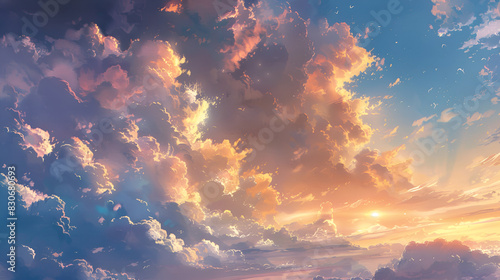 Beautiful cloudscape with sun rays and blue sky. Nature background,Beautiful sky,Colorful sunset and cloudy sky and bright sunrise over the horizon