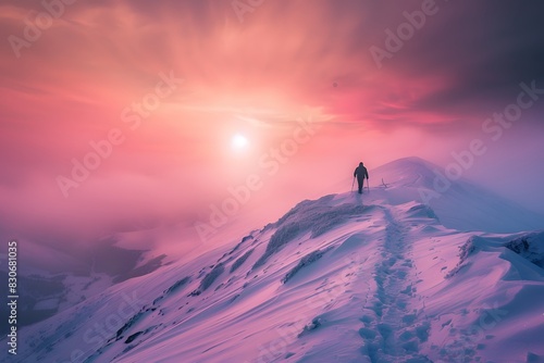 Hiker Walking on Snowy Mountain with Pink Sky and Fog © MD