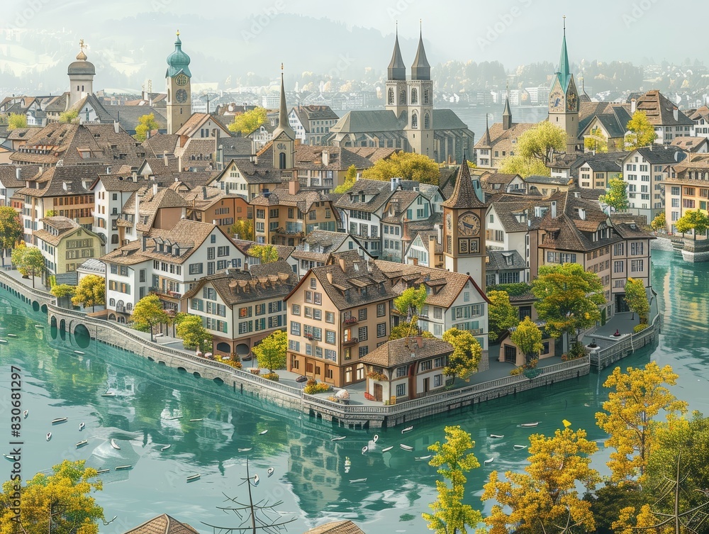 Adorable 3D Zurich render highlights famous landmarks, city vibe, centered on beige backdrop