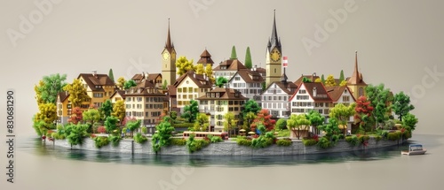 Isometric 3D render of Zurich showcases its famous landmarks and city vibe, set against a beige backdrop, staying centered