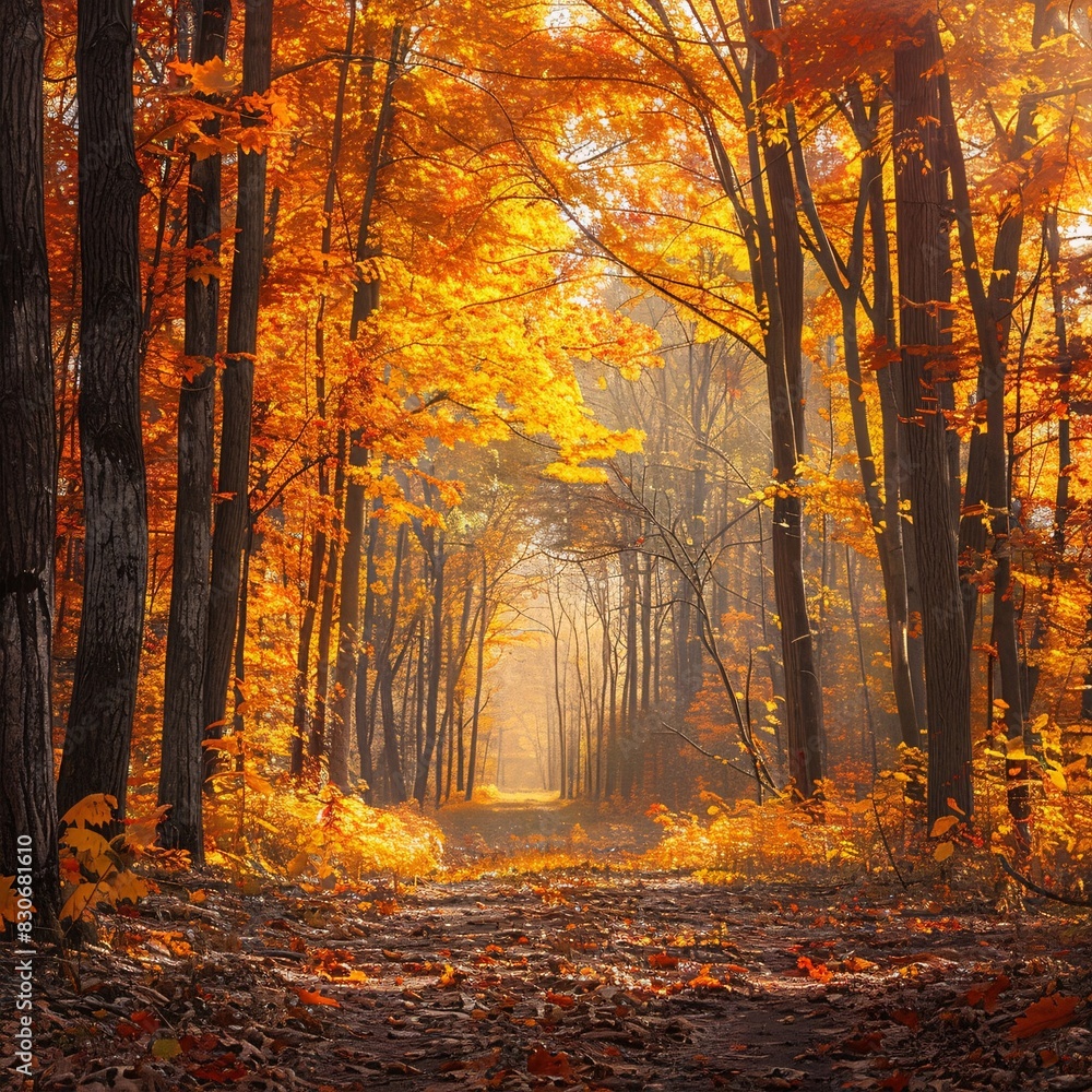Fototapeta premium Autumn's Path: A Vivid Forest Trail in the Fall Season