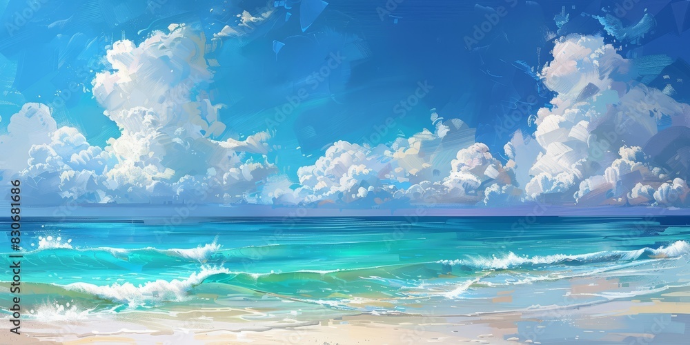 Peaceful Tropical Seascape with Turquoise Waters and Blue Skies. Summer Ocean Panorama with White Fluffy Clouds. Peaceful Tropical Seascape with Turquoise Waters and Blue Skies. Summer Ocean Panorama with White Fluffy Clouds.