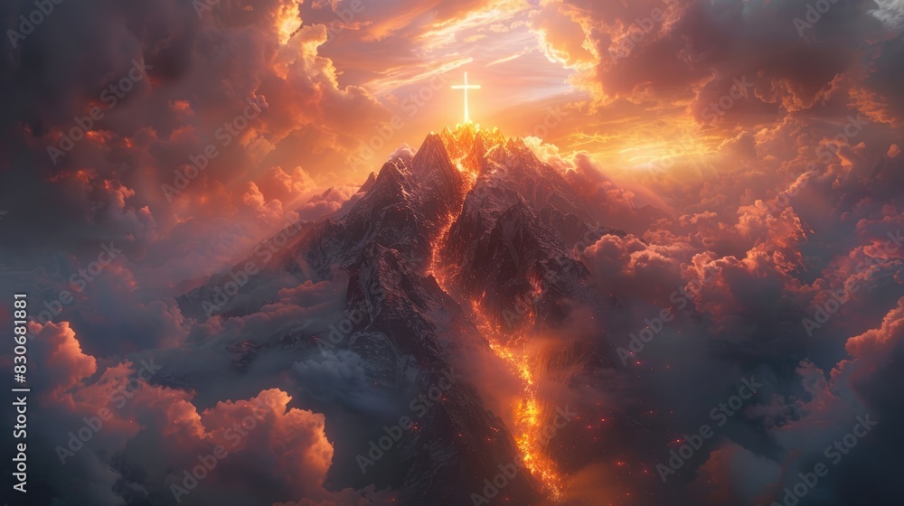 Fototapeta premium A cross is standing on the mountain with Jesus's arms raised high .
